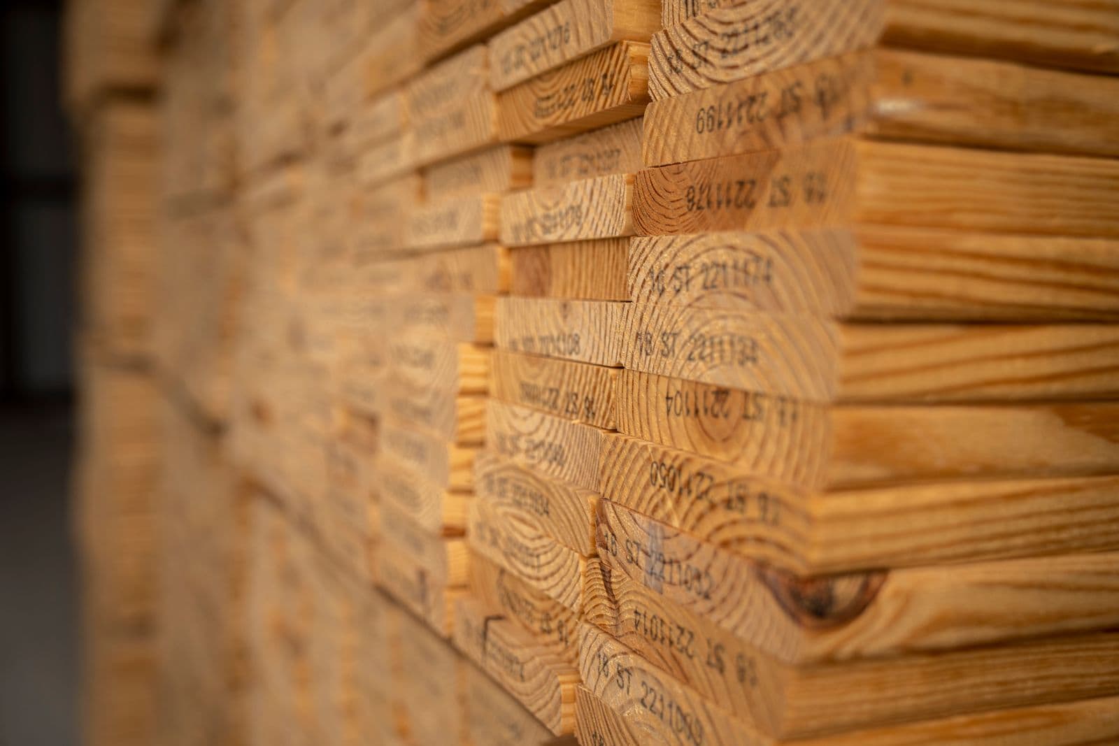 Stacked lumber with the end grain showing